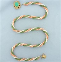 Jade, Pink Skin Coral, and Pearl Necklace in 14k Y