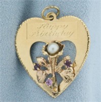 Amethyst and Pearl Happy Birthday Heart Pendant or