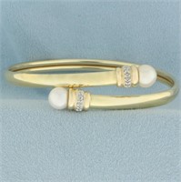 Pearl and Diamond Bypass Twist-on Bangle Bracelet