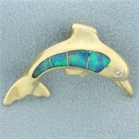 Diamond and Opal Inlay Dolphin Pendant or Slide in