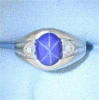 Mens Star Sapphire and Diamond Ring in 14k White G
