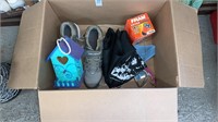 Box of Assorted Items, Shoes, Pirates Banner,