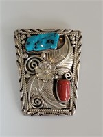NA Sterling Silver Turquoise & Red Coral Bolo Tie