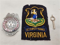 Virginia & AAA Patrolman Badges + Handcuff Key