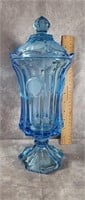 FOSTORIA GLASS ROYAL BLUE FOOTED URN WITH LID