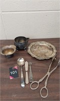 Antique salad tong,plate,spoons,creamer,