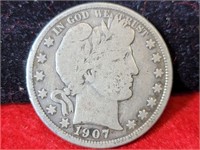 1907 D Barbar V.G. Silver Half Dollar