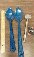 Blue enamelware spoons & tenderizer