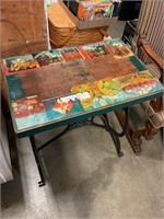 Metal base wood top table
