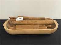 Wooden Trencher & 6 Early Wooden Rolling Pins
