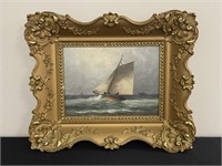 Sailboat at Sea Oil on Canvas Painting -E.M. Hill