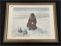 Inuit Women Winter Scene Colored Lithograph