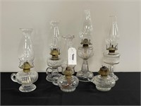 6 Pressed Glass Oil Lamps