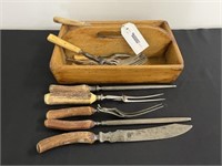 Stag Handled Carving Set & Silverware Tote