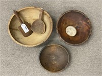 3 Wooden Mixing Bowls, 2 Butter Paddles & Stamp
