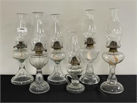6 Pressed Glass Oil Lamps