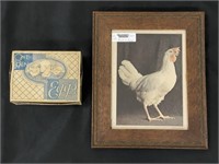 Chicken Print & Early Cardboard Egg Crate w/ Eggs