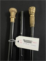 3 Walking Sticks - 2 with gold tops