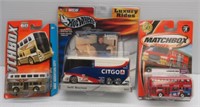(2) Matchbox 2 story tour busses and Hot Wheels