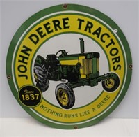 John Deere Tractors round porcelain sign.