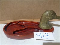 Vintage Brass Head Duck & Wood Valet 10in