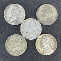 (5) Assorted Jefferson Wartime Silver Nickels