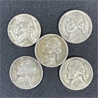 (5)  Assorted Jefferson Wartime Silver Nickels