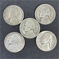 (5)  Assorted Jefferson Wartime Silver Nickels