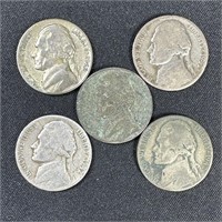 (5)  Assorted Jefferson Wartime Silver Nickels