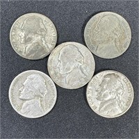 (5)  Assorted Jefferson Wartime Silver Nickels