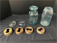 (2) Blue Canning Jars w/ lids & Metal Lids