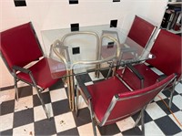 Glass Top Table & Four Red Chairs
