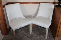 (2) White Accent Side Chairs Studded With Handles