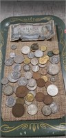 Tray Of Assorted Foreign Coins & Currency