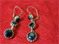 14k Earrings -  3 Stone Drop Style  - Black Stones