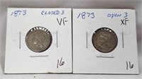 1873 Closed and Open 3 Three Cent VF-XF