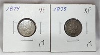 1874, ’75 Three Cents VF and XF