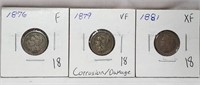 1876 Three Cent F; ’79 Three Cent VF (Damage);