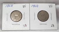 (2) 1868 Nickels VF