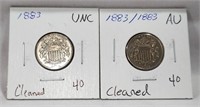 (2) 1883 Shield Nickels AU-Unc. Cleaned