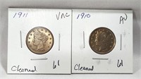 1910, ’11 Nickels AU-Unc. Cleaned