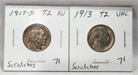 1913 T.2 Nickel Unc.-Scratches; 1913-D T.2 Nickel