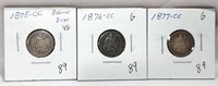 1875-CC, ’76-CC, ’77-CC Dimes G-VG