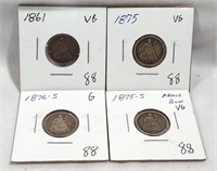 1861, ’75, ’75-S, ’76-S Dimes G-VG