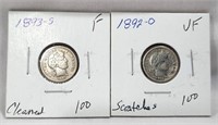 1892-O Dime VF-Scratches; 1893-S Dime F-Cleaned