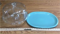 CROWN CORNING PLATTER AND A GLASS CAKE PEDESTAL