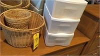 PLASTIC STORAGE DRAWERS AND WICKER BASKETS