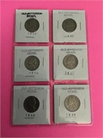 6 old Jefferson nickels