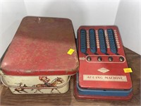 Vintage adding machine and tin