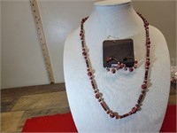 Red Beaded Necklace & Earring Set necklace 14 1/2"